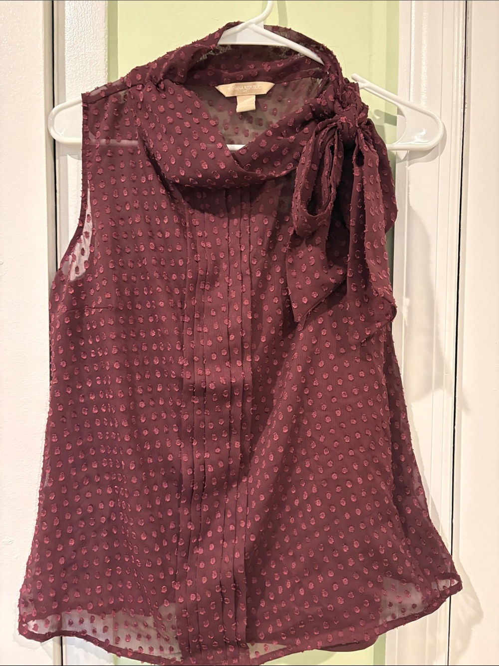 Banana Republic Plum Sleeveless Swiss Dot Tie-Neck Blouse